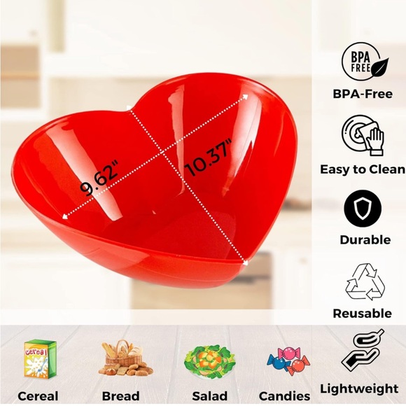 Heart Red Plastic Bowl 10.5 in wide and 10 in long - Picture 2 of 9